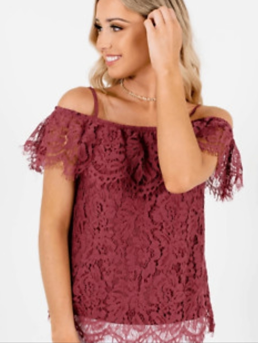 No Boundaries Burgundy Lace Off-Shoulder Top